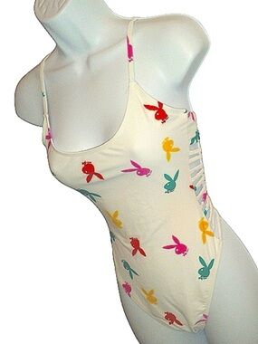 Vintage Y2K Playboy White Side Cutout Logo Swimsuit Size Large EUC 90s Coquette